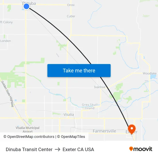 Dinuba Transit Center to Exeter CA USA map