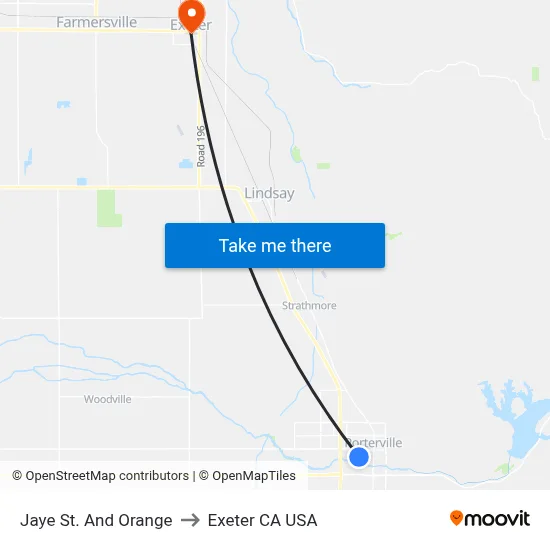 Jaye St. And Orange to Exeter CA USA map