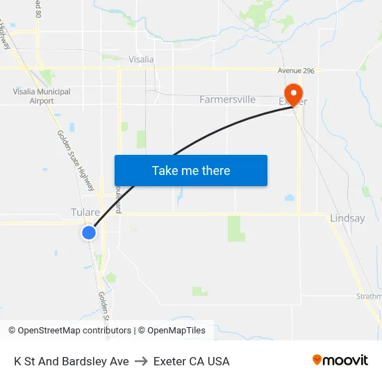 K St And Bardsley Ave to Exeter CA USA map