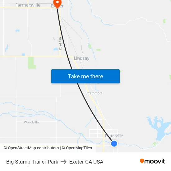 Big Stump Trailer Park to Exeter CA USA map