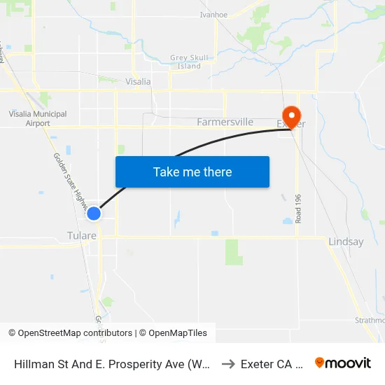 Hillman St And E. Prosperity Ave (Walmart) to Exeter CA USA map