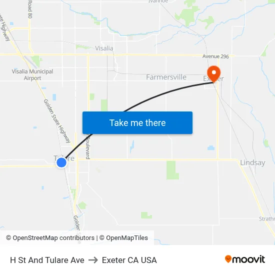 H St And Tulare Ave to Exeter CA USA map