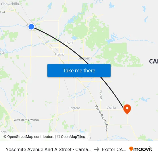 Yosemite Avenue And A Street - Camarena Health to Exeter CA USA map