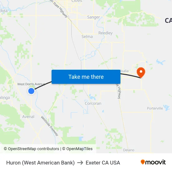 Huron (West American Bank) to Exeter CA USA map