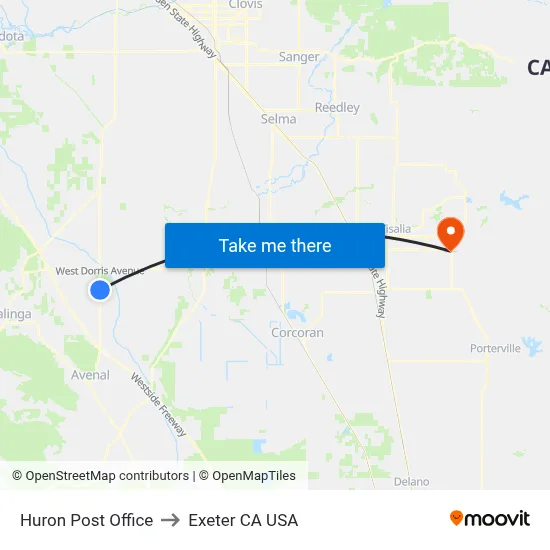 Huron Post Office to Exeter CA USA map