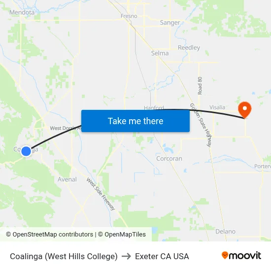 Coalinga (West Hills College) to Exeter CA USA map