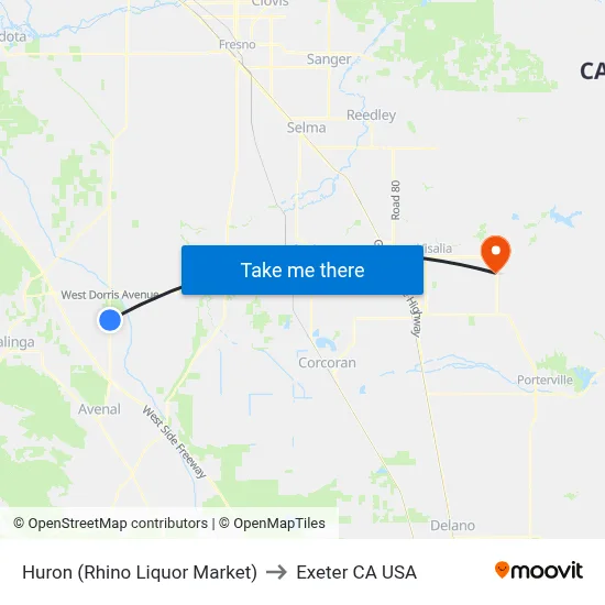 Huron (Rhino Liquor Market) to Exeter CA USA map