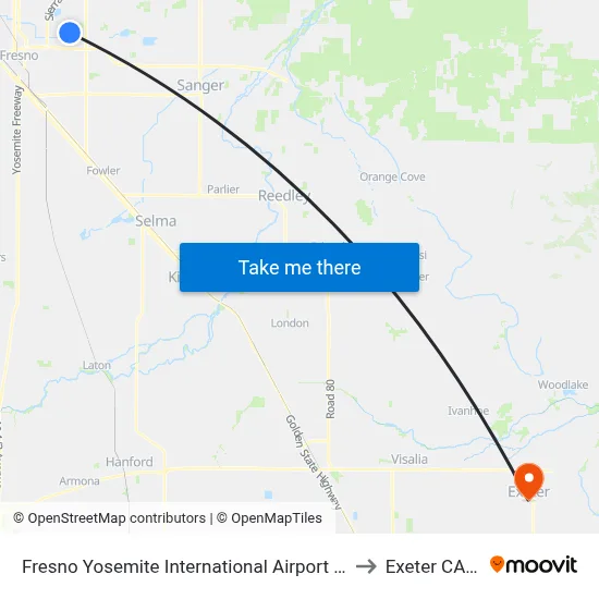 Fresno Yosemite International Airport Bus Shelter to Exeter CA USA map