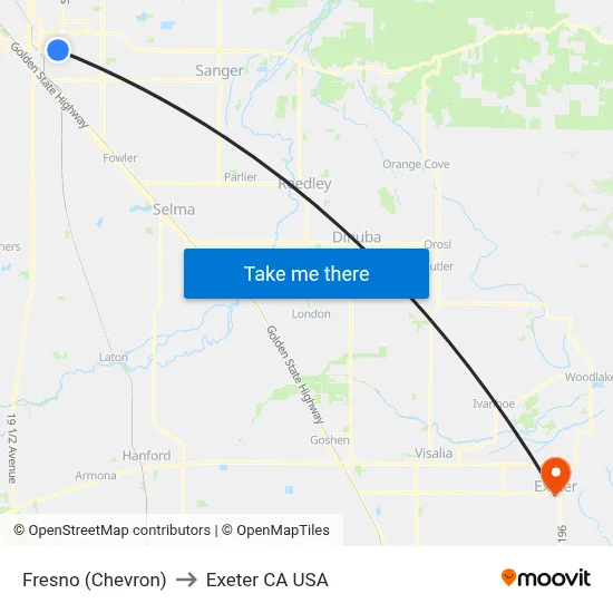 Fresno (Chevron) to Exeter CA USA map