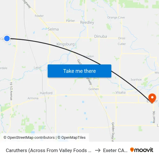 Caruthers (Across From Valley Foods Supermarket) to Exeter CA USA map
