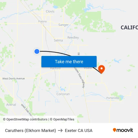 Caruthers (Elkhorn Market) to Exeter CA USA map