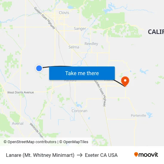 Lanare (Mt. Whitney Minimart) to Exeter CA USA map