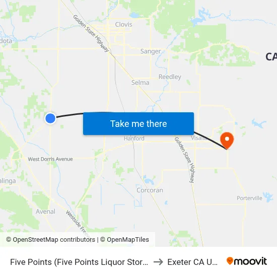Five Points (Five Points Liquor Store) to Exeter CA USA map