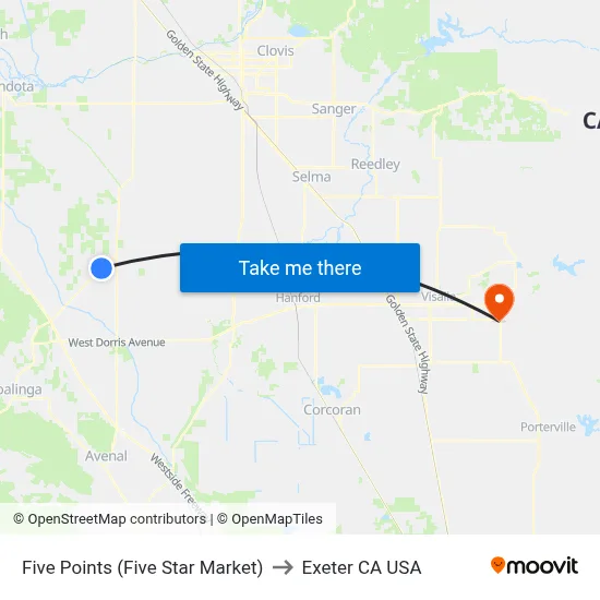 Five Points (Five Star Market) to Exeter CA USA map