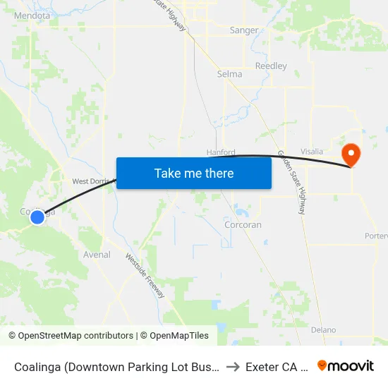 Coalinga (Downtown Parking Lot Bus Shelter) to Exeter CA USA map