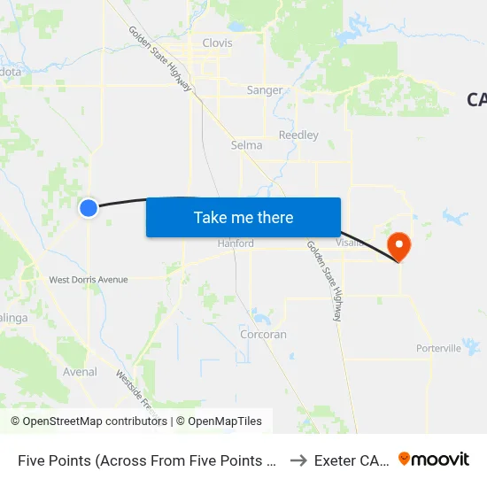Five Points (Across From Five Points Liquor Store) to Exeter CA USA map