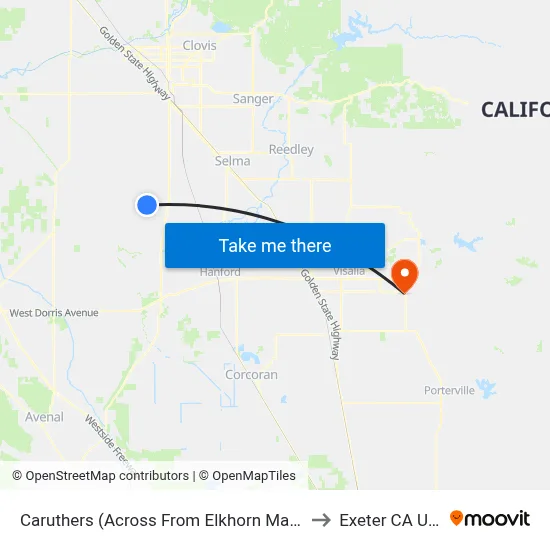 Caruthers (Across From Elkhorn Market) to Exeter CA USA map