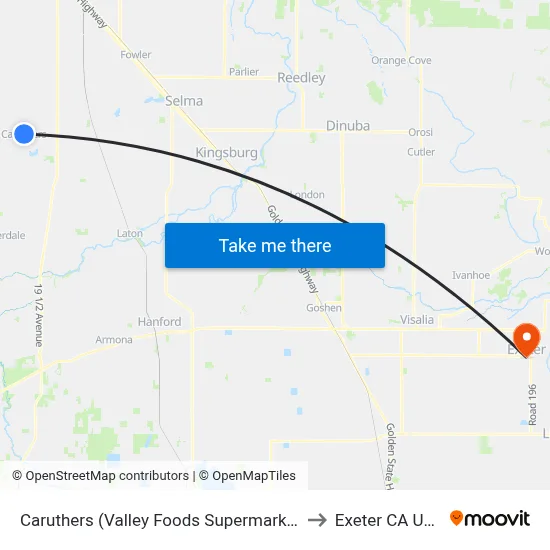 Caruthers (Valley Foods Supermarket) to Exeter CA USA map