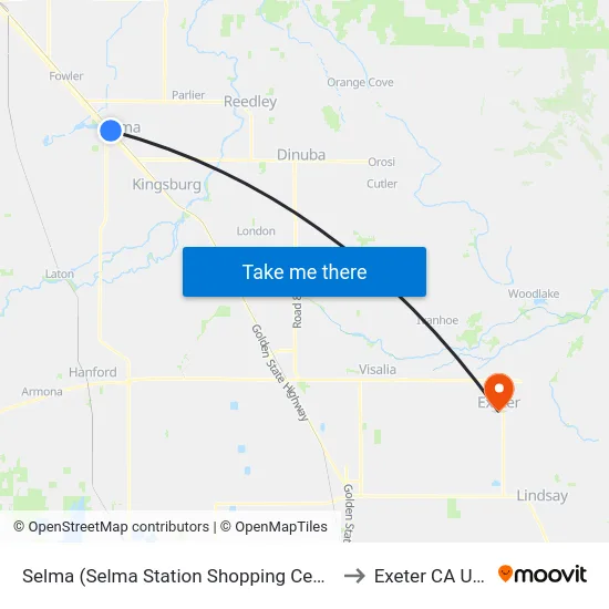 Selma (Selma Station Shopping Center) to Exeter CA USA map