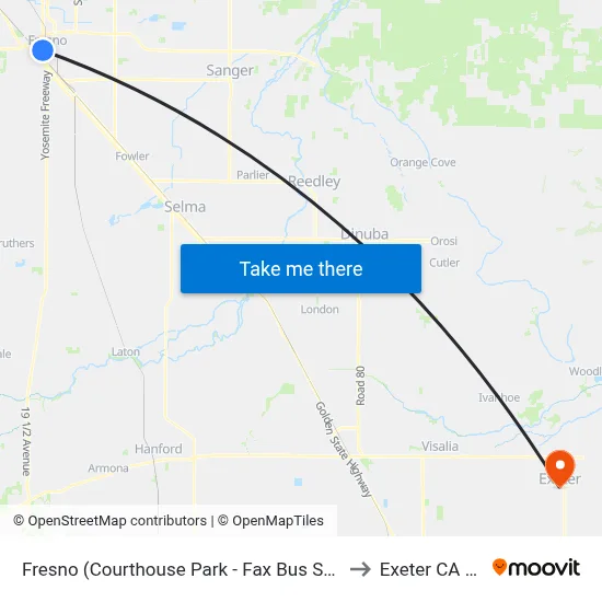 Fresno (Courthouse Park - Fax Bus Shelter L) to Exeter CA USA map