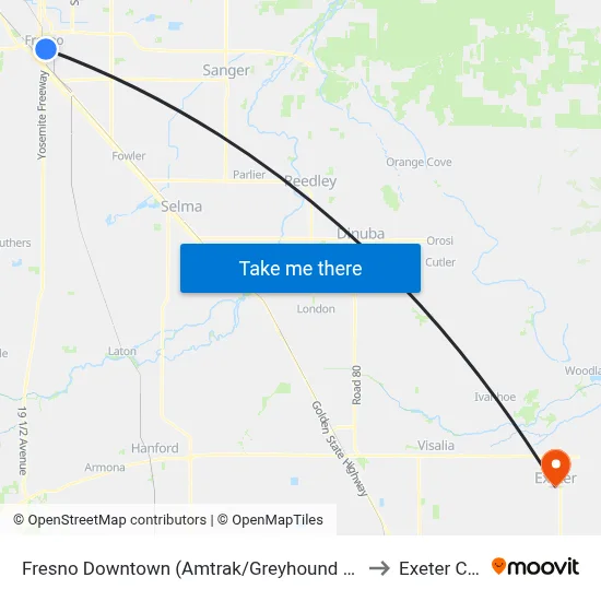 Fresno Downtown (Amtrak/Greyhound Station Bus Shelter) to Exeter CA USA map