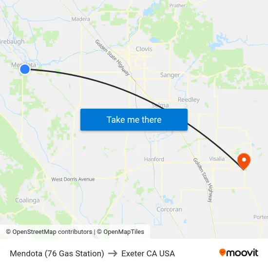 Mendota (76 Gas Station) to Exeter CA USA map