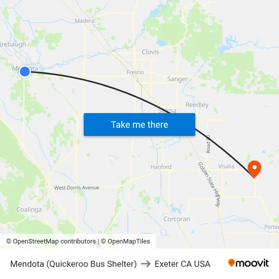 Mendota (Quickeroo Bus Shelter) to Exeter CA USA map