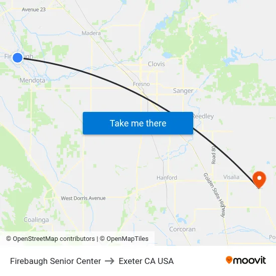 Firebaugh Senior Center to Exeter CA USA map