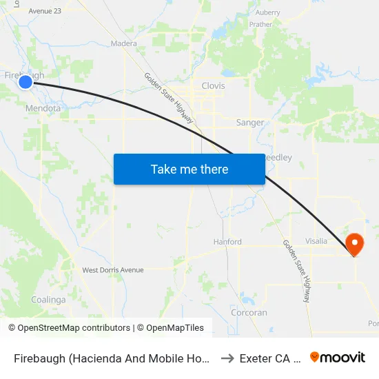Firebaugh (Hacienda And Mobile Home Park) to Exeter CA USA map