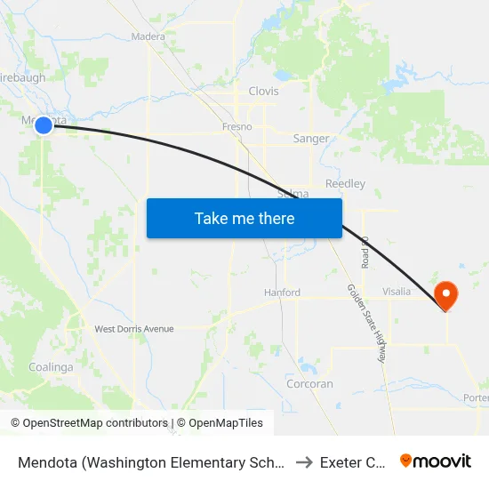 Mendota (Washington Elementary School Bus Shelter) to Exeter CA USA map