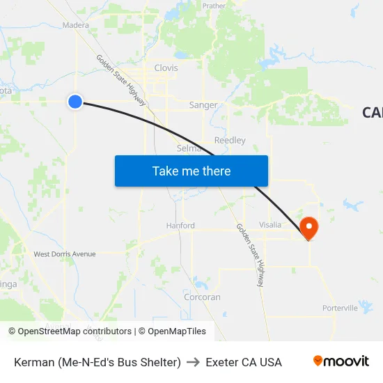 Kerman (Me-N-Ed's Bus Shelter) to Exeter CA USA map