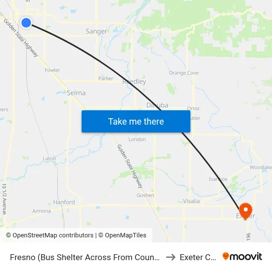 Fresno (Bus Shelter Across From County Social Services) to Exeter CA USA map