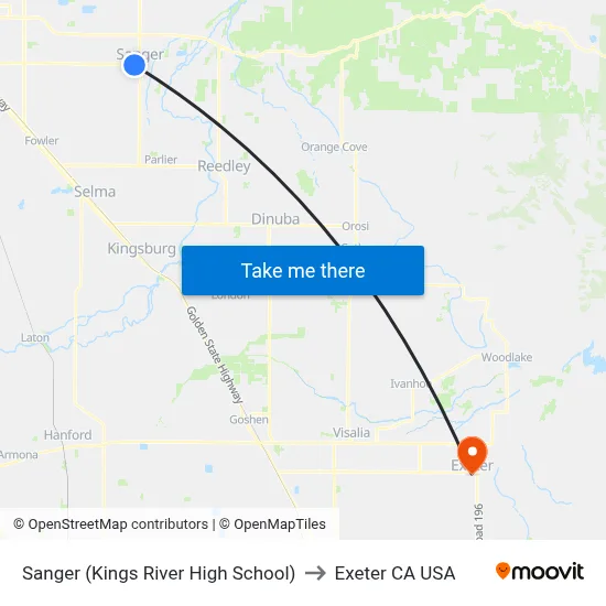 Sanger (Kings River High School) to Exeter CA USA map