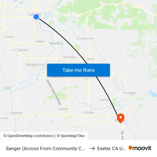 Sanger (Across From Community Center) to Exeter CA USA map
