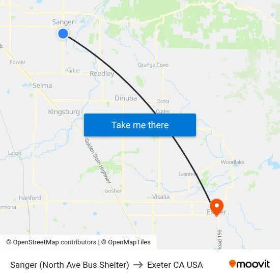 Sanger (North Ave Bus Shelter) to Exeter CA USA map
