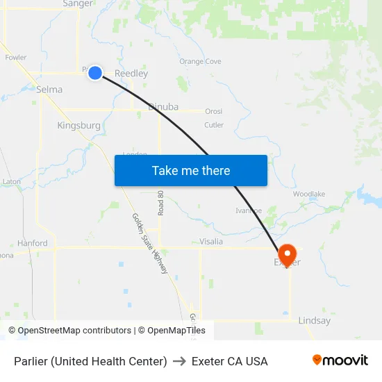 Parlier (United Health Center) to Exeter CA USA map