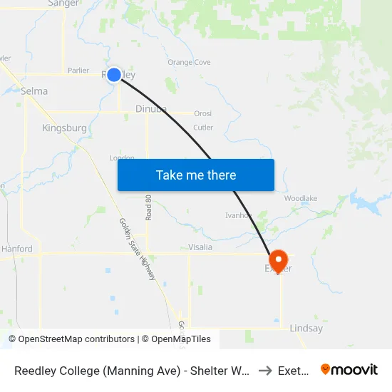 Reedley College (Manning Ave) - Shelter West Of Driveway To Parking Lot B on E Manning Ave to Exeter CA USA map