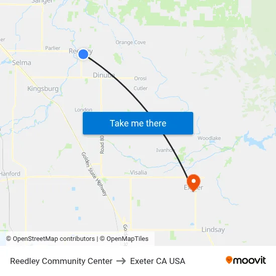 Reedley Community Center to Exeter CA USA map