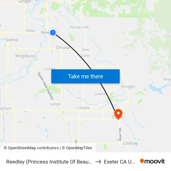 Reedley (Princess Institute Of Beauty) to Exeter CA USA map