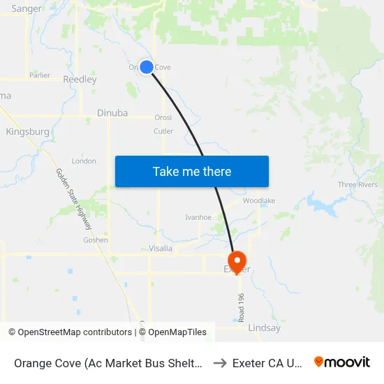 Orange Cove (Ac Market Bus Shelter) to Exeter CA USA map