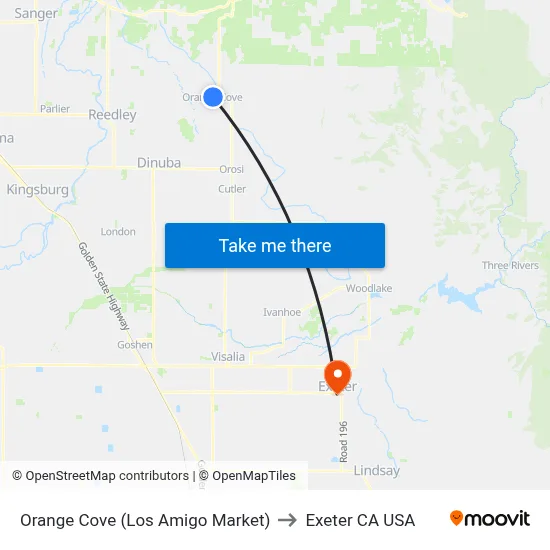 Orange Cove (Los Amigo Market) to Exeter CA USA map