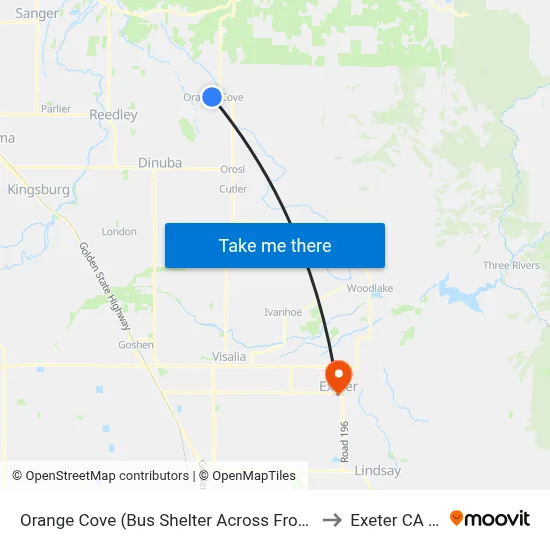 Orange Cove (Bus Shelter Across From Library) to Exeter CA USA map