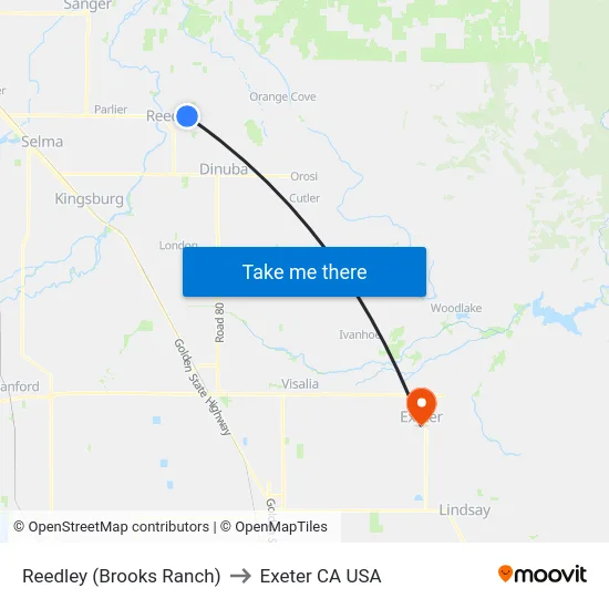 Reedley (Brooks Ranch) to Exeter CA USA map