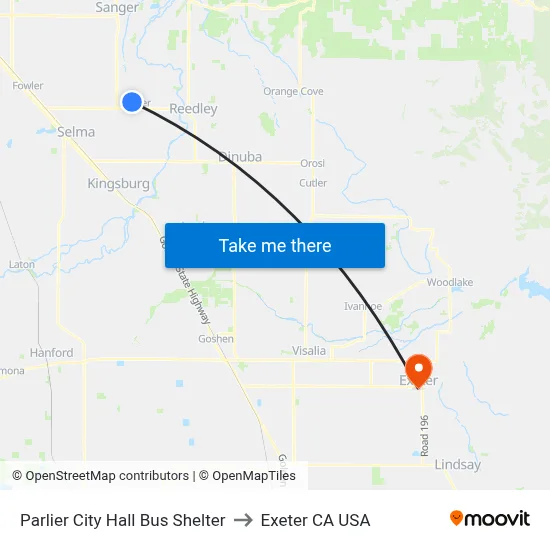 Parlier City Hall Bus Shelter to Exeter CA USA map