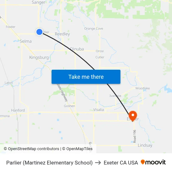 Parlier (Martinez Elementary School) to Exeter CA USA map