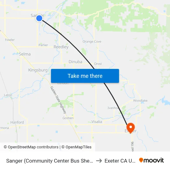 Sanger (Community Center Bus Shelter) to Exeter CA USA map