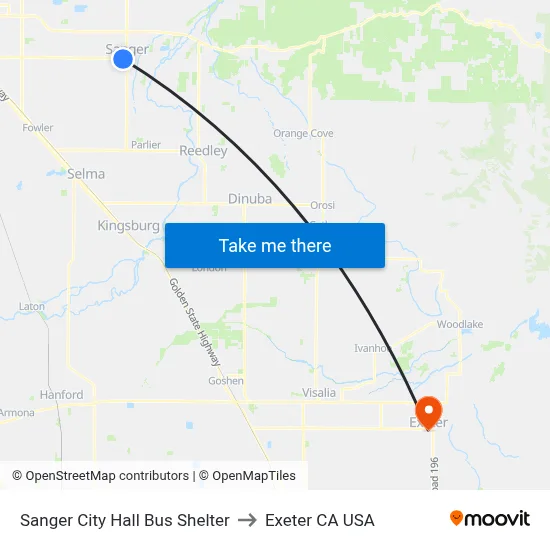 Sanger City Hall Bus Shelter to Exeter CA USA map