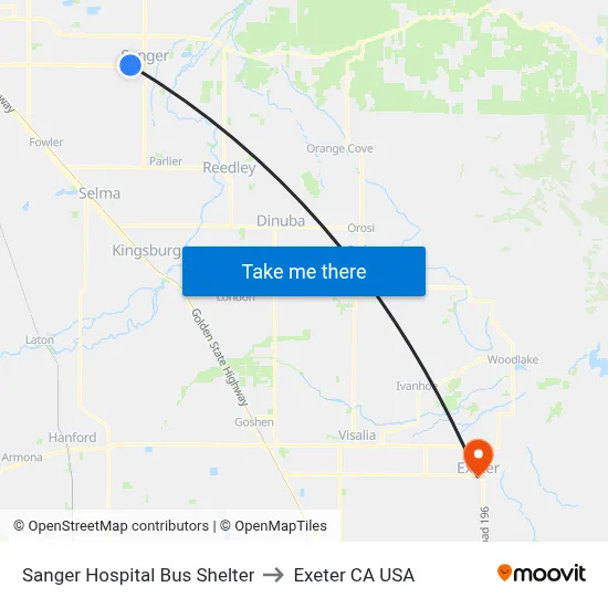 Sanger Hospital Bus Shelter to Exeter CA USA map