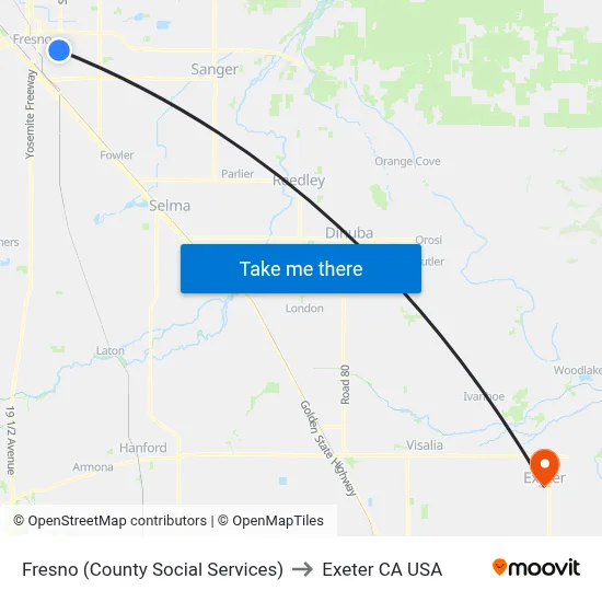 Fresno (County Social Services) to Exeter CA USA map