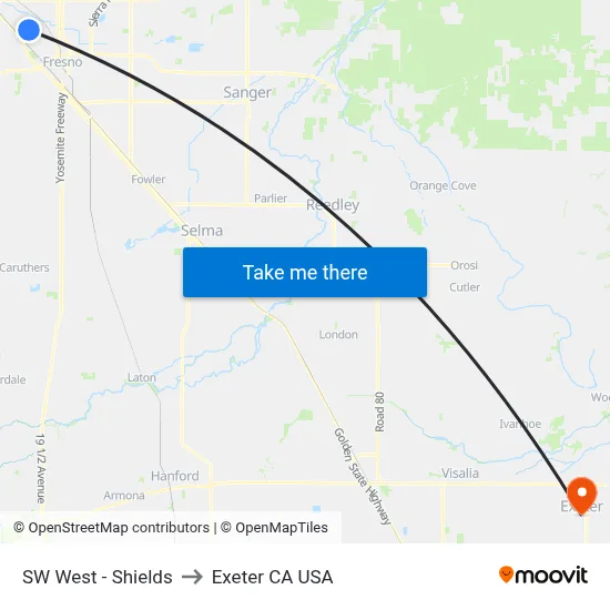 SW West - Shields to Exeter CA USA map